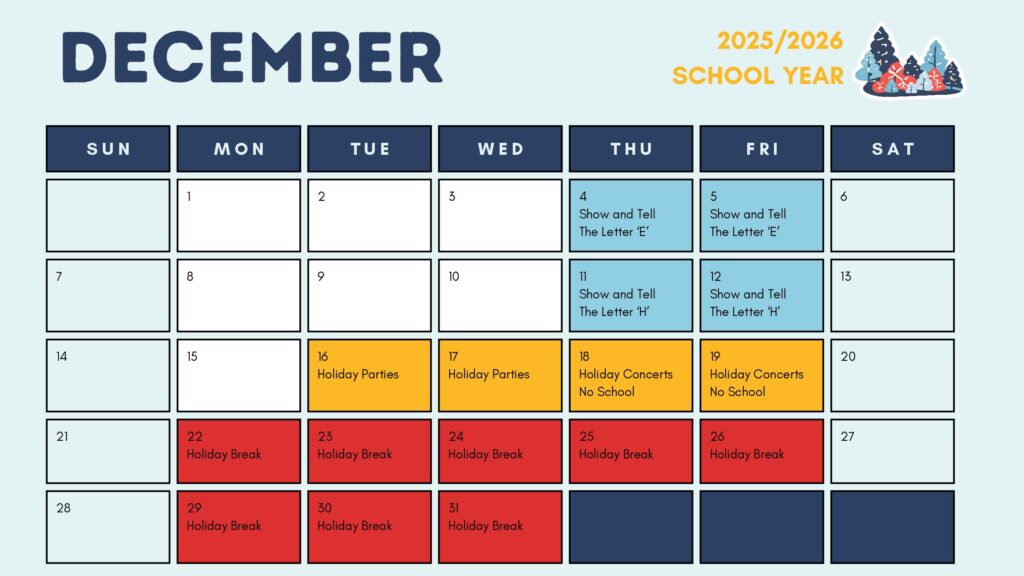 Pre-K Monthly School Calendar