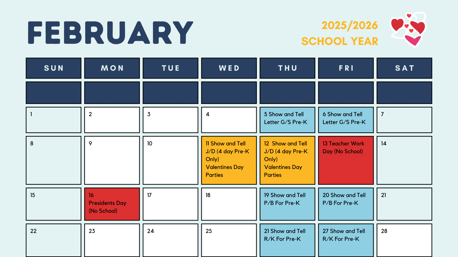 Pre-K Monthly School Calendar