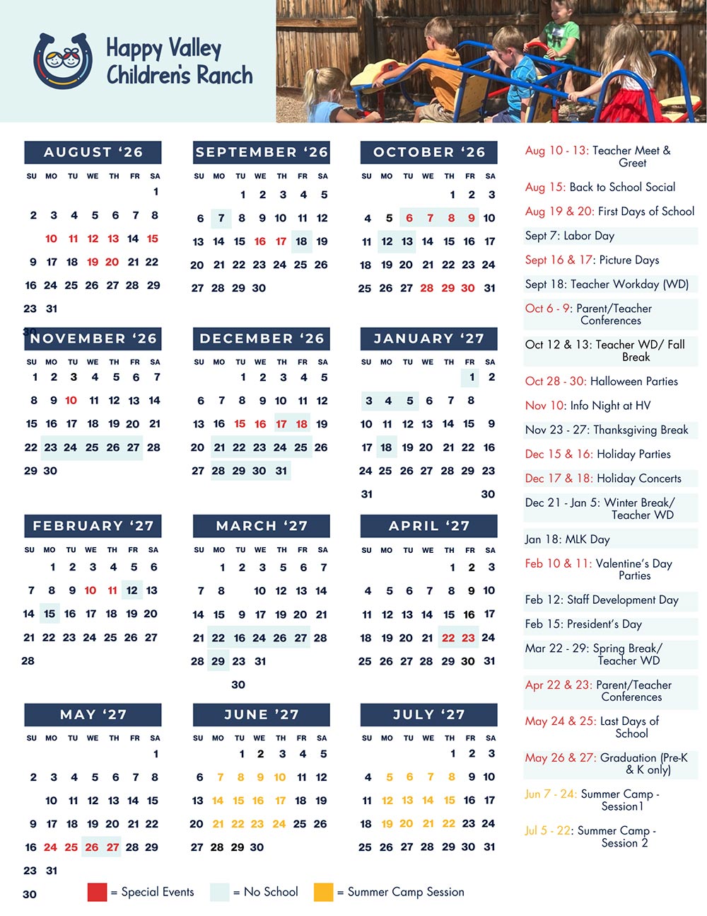 2026-27-Calendar 2026-2027 Calendar for Happy Valley Children's Ranch and Preschool in Colorado